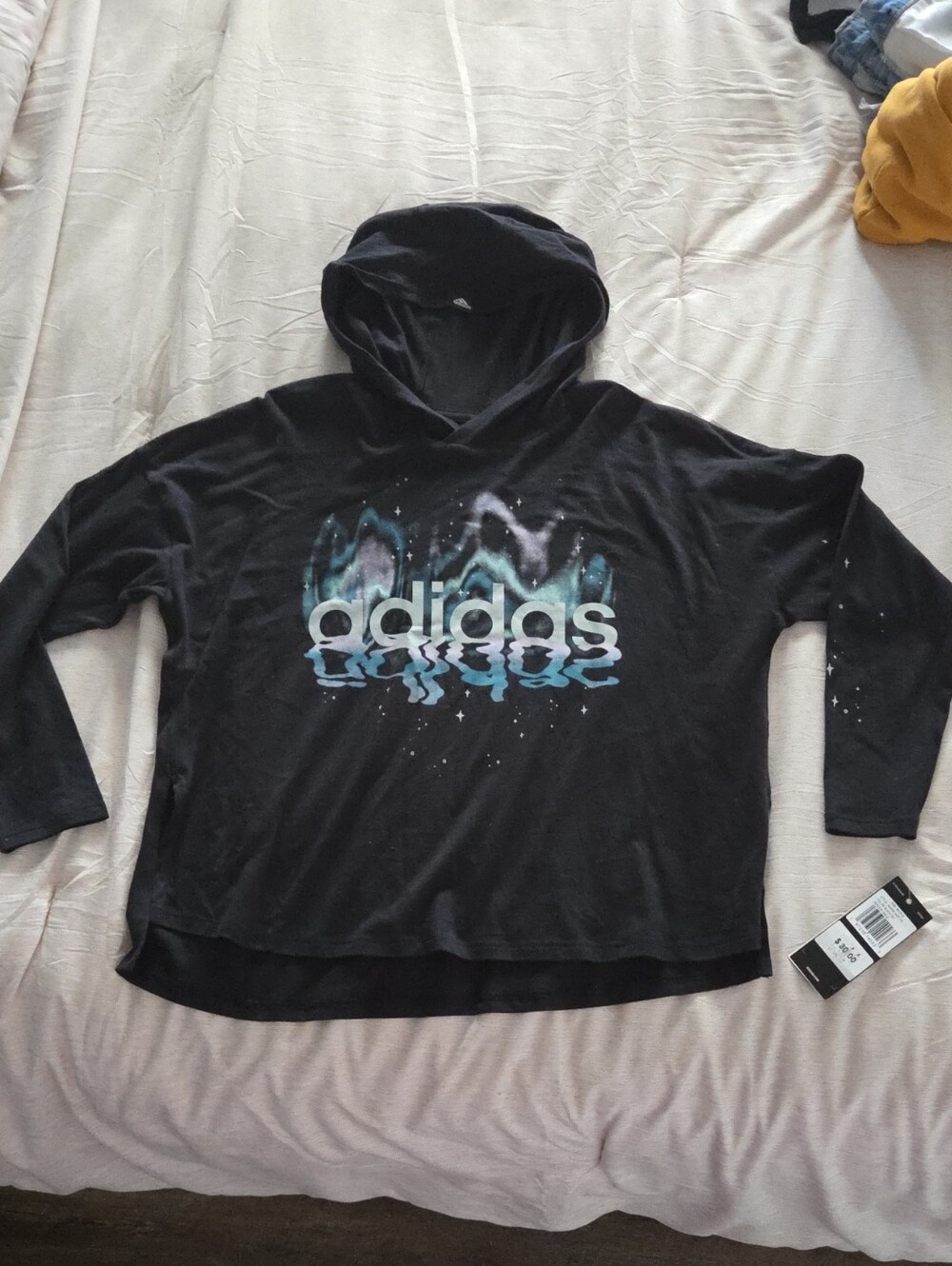 Adidas Black Hoodie with Blue-Green Graphic Logo Long Sleeve Girls M 10/12